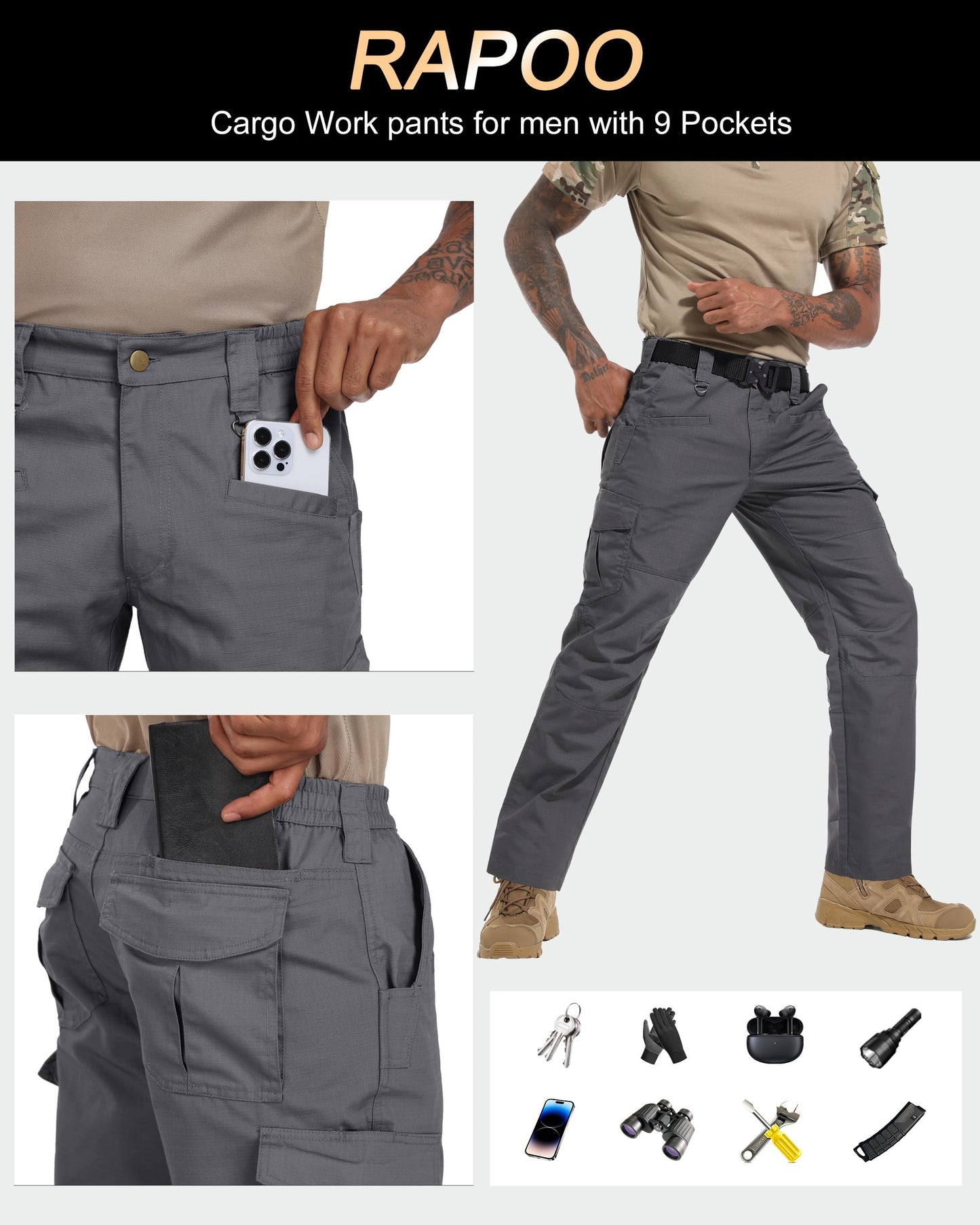 Rapoo Cargo Hiking Tactical Pants for Men Waterproof Work Military Army Casual Pants for Men with Pockets Mens Ripstop Construction Carpenter Hunting Outdoor Pants Outdoor Grey 34Wx32L