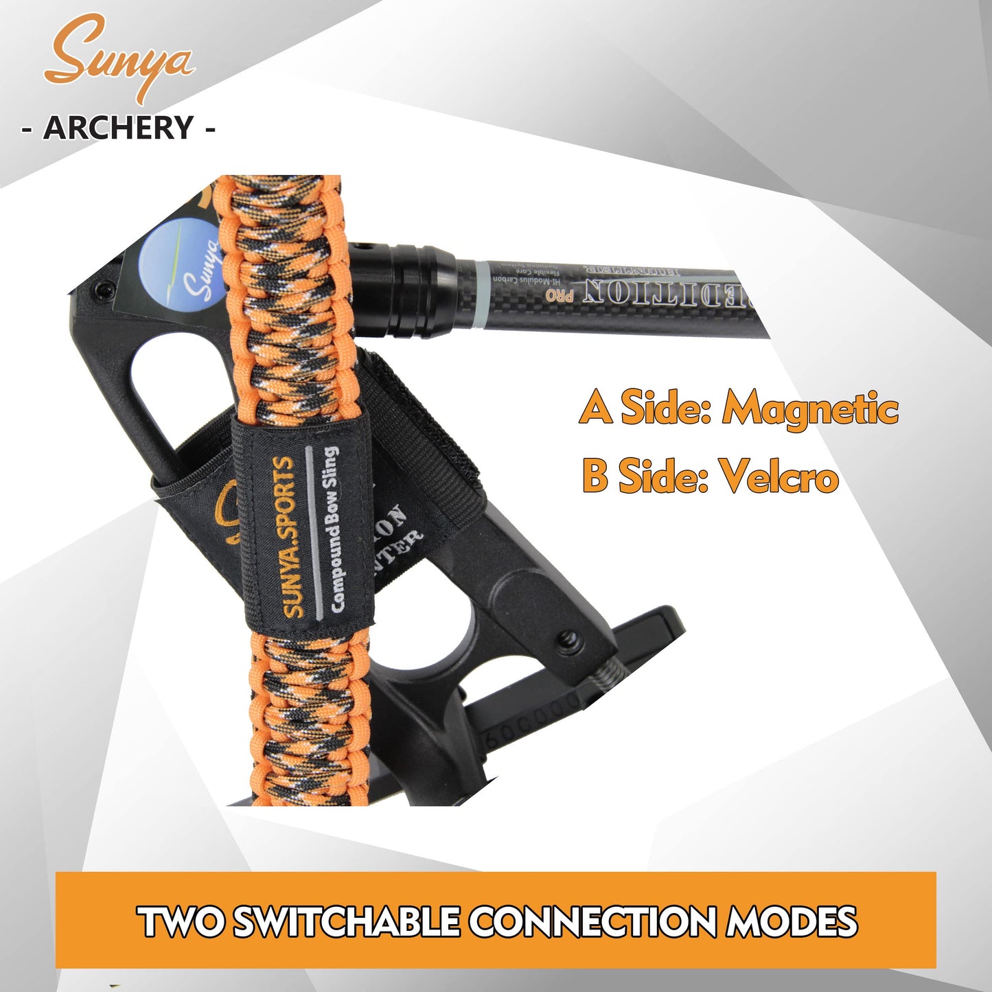 Sunya Paracord Compound Bow Sling with V2 Upgraded Magnetic Connection System. Lightweight Hands Free Shoulder Carrying Sling for Bow Hunting, Field Archery and 3D (Orange Flame Camo)