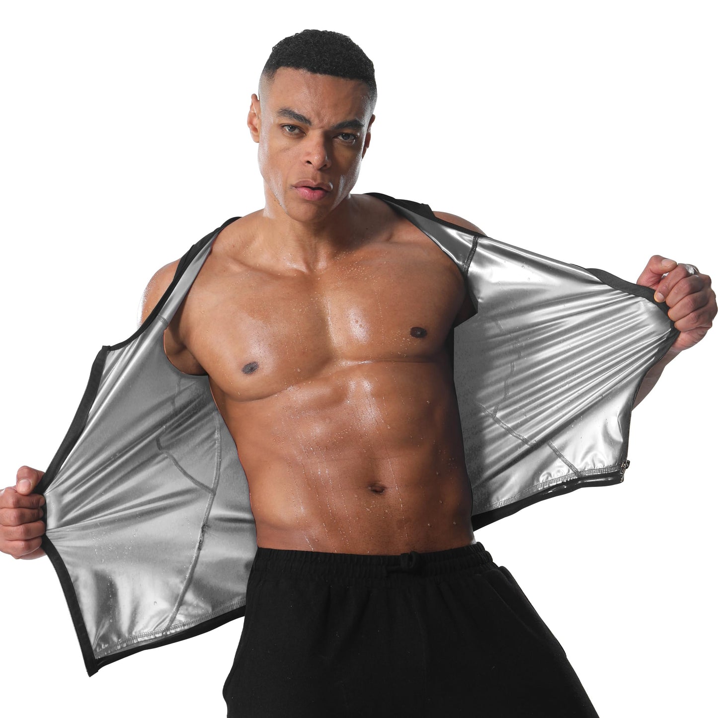 Donason Men's Sauna Vest Workout Sleeveless Shirt with Zipper Slimming Body Shaper Weight Loss Waist Trainer Sweat Enhancing Tank Top Compression Vest Shapewear for Fitness Gym Exercise Running