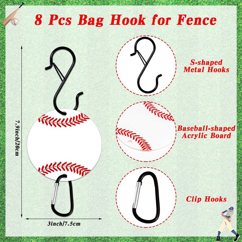 gisgfim 8 Pcs Bag Hook for Fence Personalized Baseball Bags Clip Sports Fence Hook with Acrylic Board for Bat Bag Water Bottle Backpack Baseballs Dugout Accessories Lover Player Gifts(Baseball)