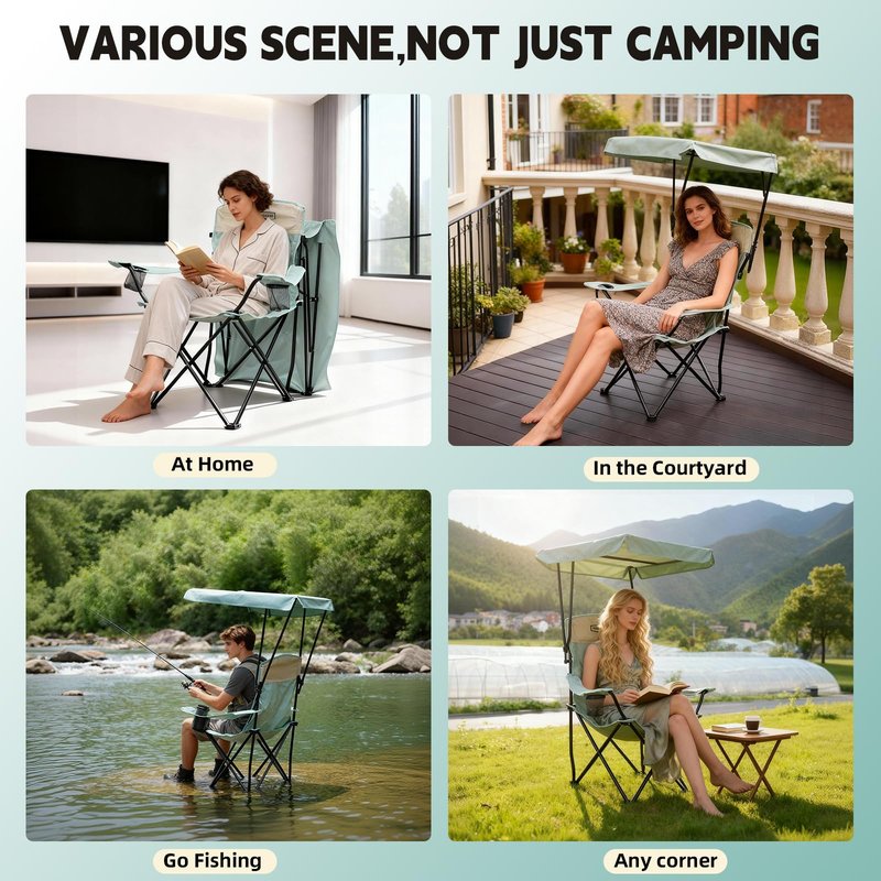 YOUNG WOOD Portable Camping Chair Beach Chair with Shade Canopy, Fold Lightweight Oversized for All, Easy to Open and Close Without Installation, Side Pocket Design for All Outdoor Activities, Blue