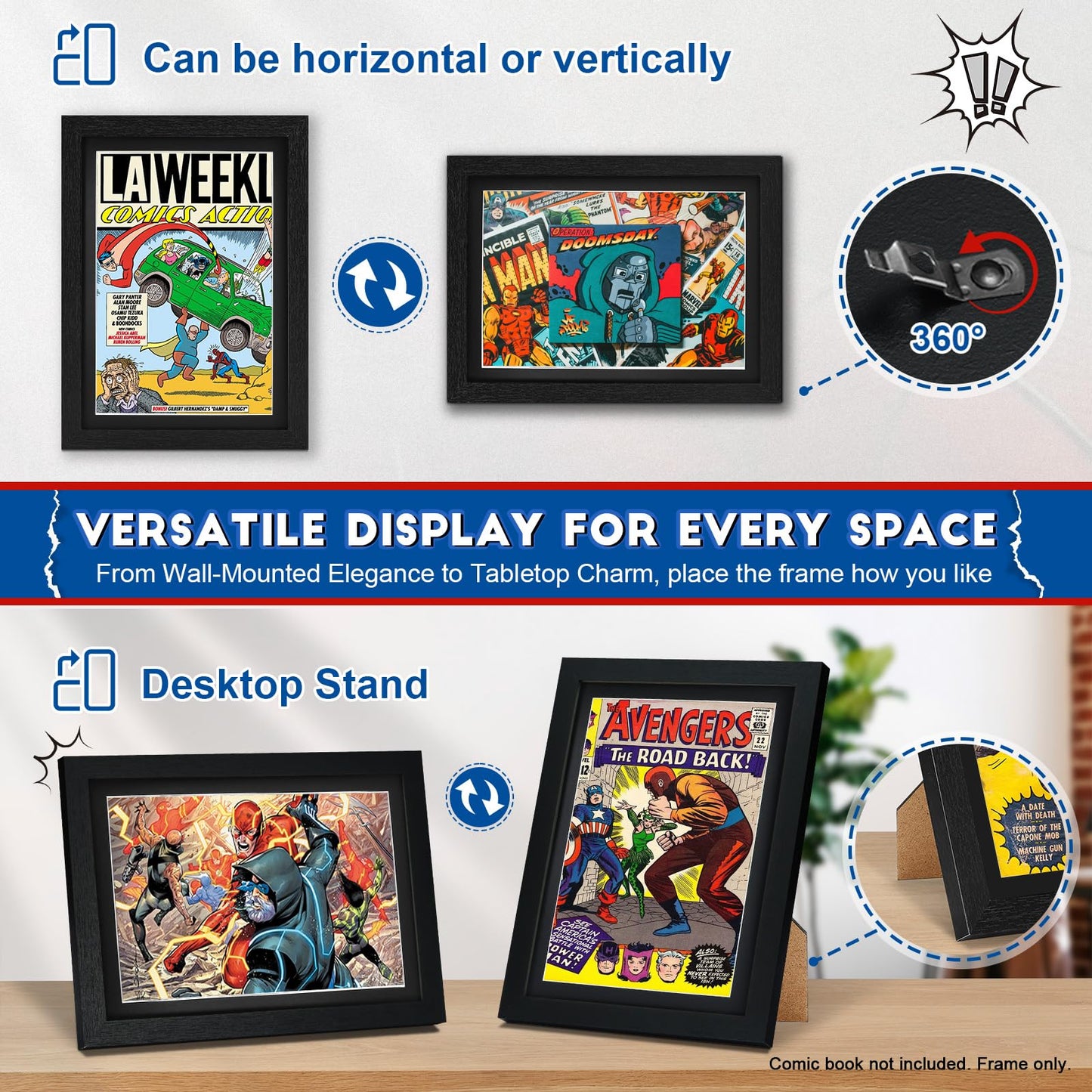 JupDec Comic Book Frame, Premium Wood Display Case for 6 11/16" × 10 3/16" Comic, Wall Mount or Tabletop Stand, Layered Design with Positioning Mat, Perfect for Home Decor, 4 Pack, Black