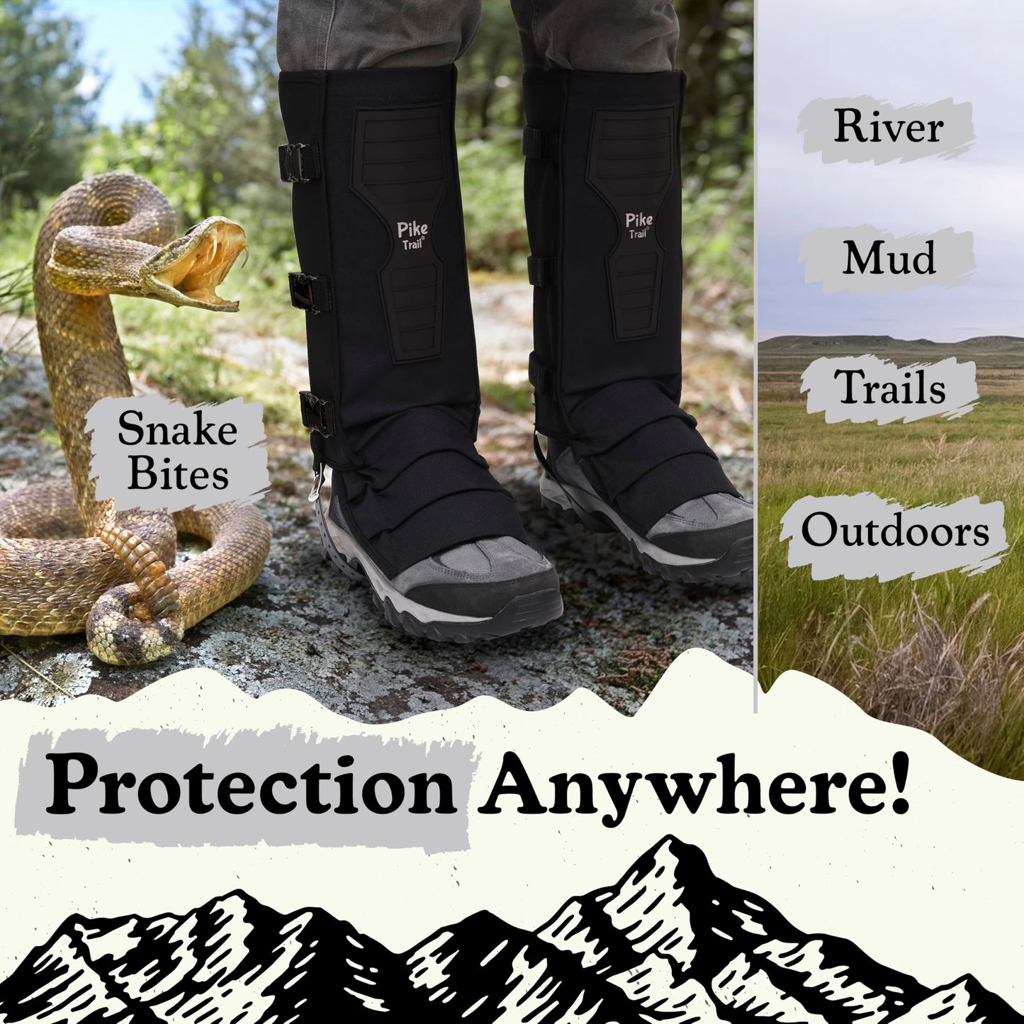 Pike Trail Snake Gaiters Leg Guards - Waterproof, Durable - Adjustable Size for Men & Women - Protection from Snake Bites - Hiking Essentials Ideal for Trekking, Hunting & Fishing - Black - 1 Pair