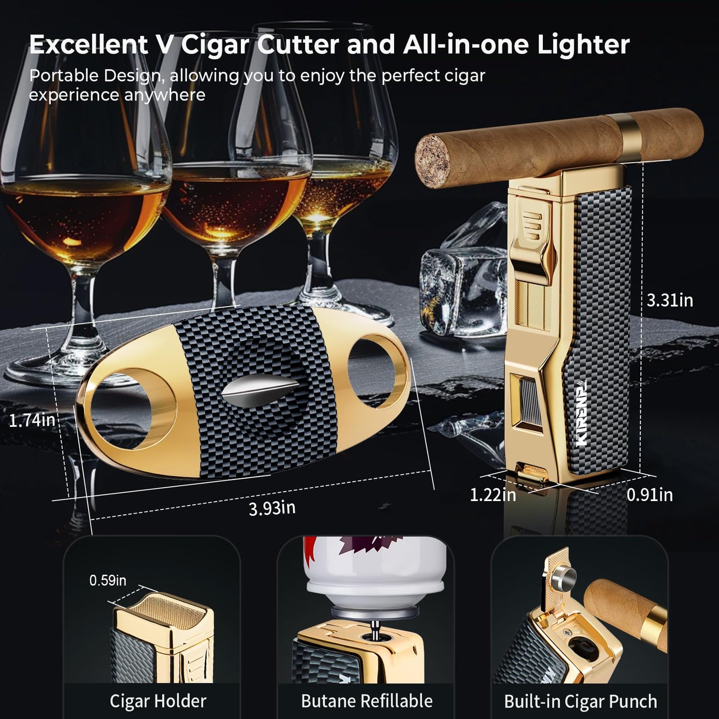 Kirenp Butane Torch Lighter and Cutter Set, with Quad Jet Flames (without Butane Fuel (Lighter & V Cutter Set), Carbon Fiber Gold