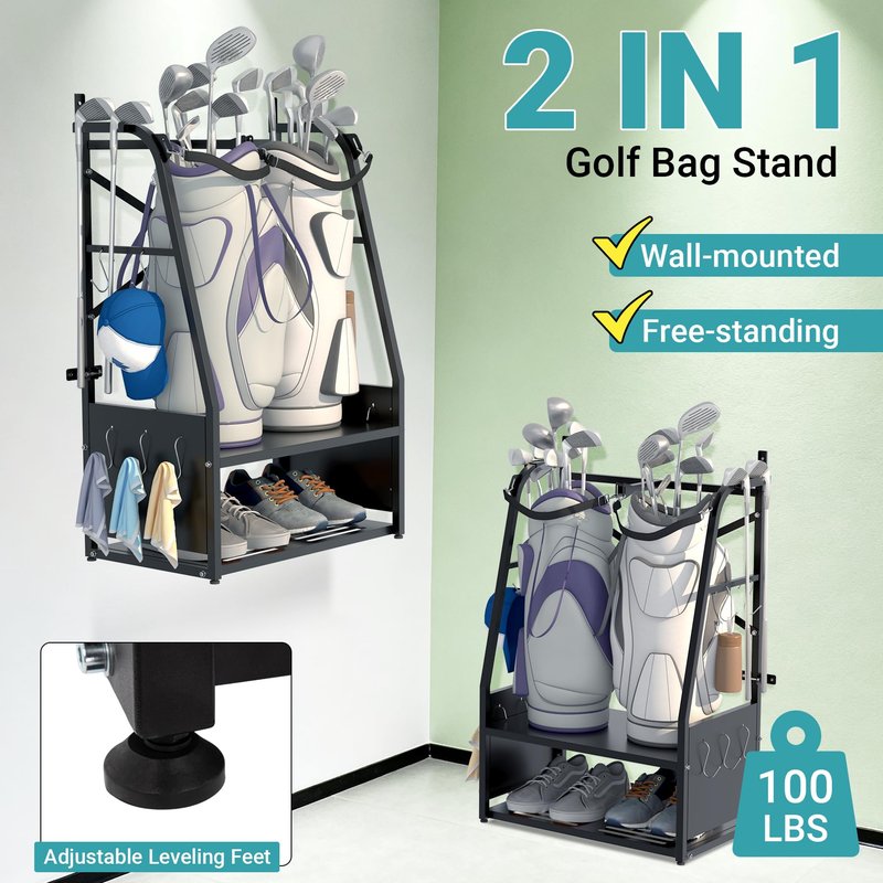 Eastrexon Golf Bag Organizer - Wall Mount & Freestanding - Holds 2 Golf Bags w/ 4 Club Racks, 10 Hooks & Storage Shelf - Golf Bag Stand w/Adjustable Feet for Garage, Store, Club, Shed