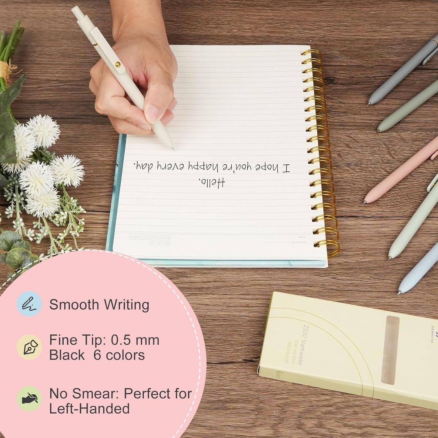 Gel Pens - 6 Pcs 0.5mm Quick Dry Black Ink Fine Point - Smooth Writing Office & School Supplies for Women