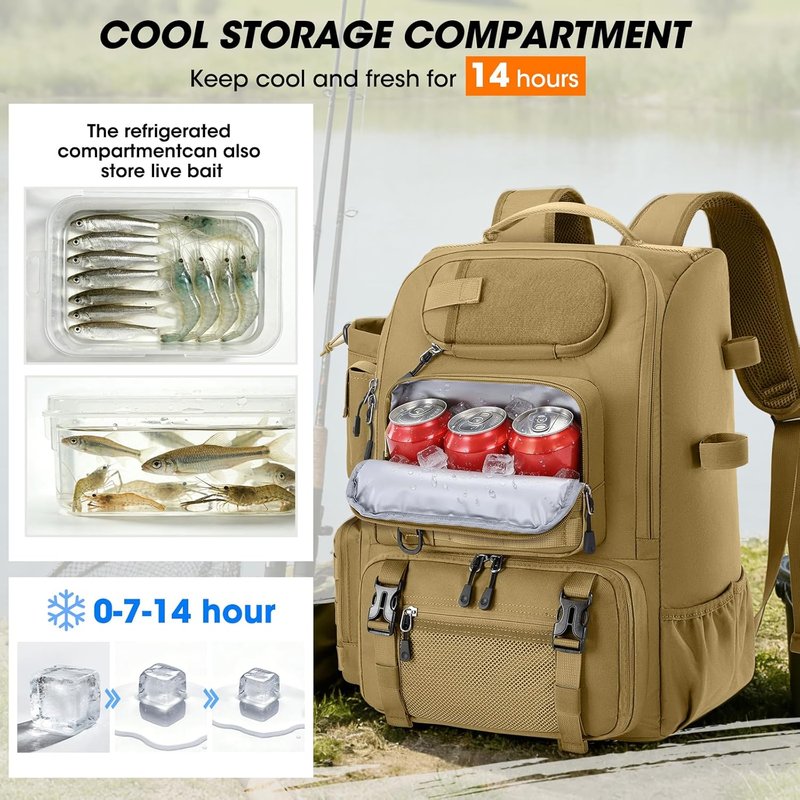 Fishing Backpack with Rod Holders & Cooler - 40L Water Resistant Tackle Bag with Rain Cover