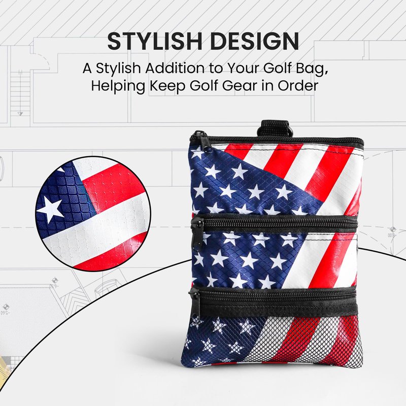 Amy Sport Golf Bag Accessories Valuables Pouch Bags Multi Pocket Zipper Hook with 10 Pcs Wood Golf Tees for Men Women (USA Flag)