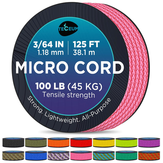 TECEUM Micro Paracord – Pink – 1.18 mm x 125 ft – Micro Utility Cord – Thin Braided Paracord Rope Nylon Polyester – Wind Chime Replacement – Survival Strong String 031с