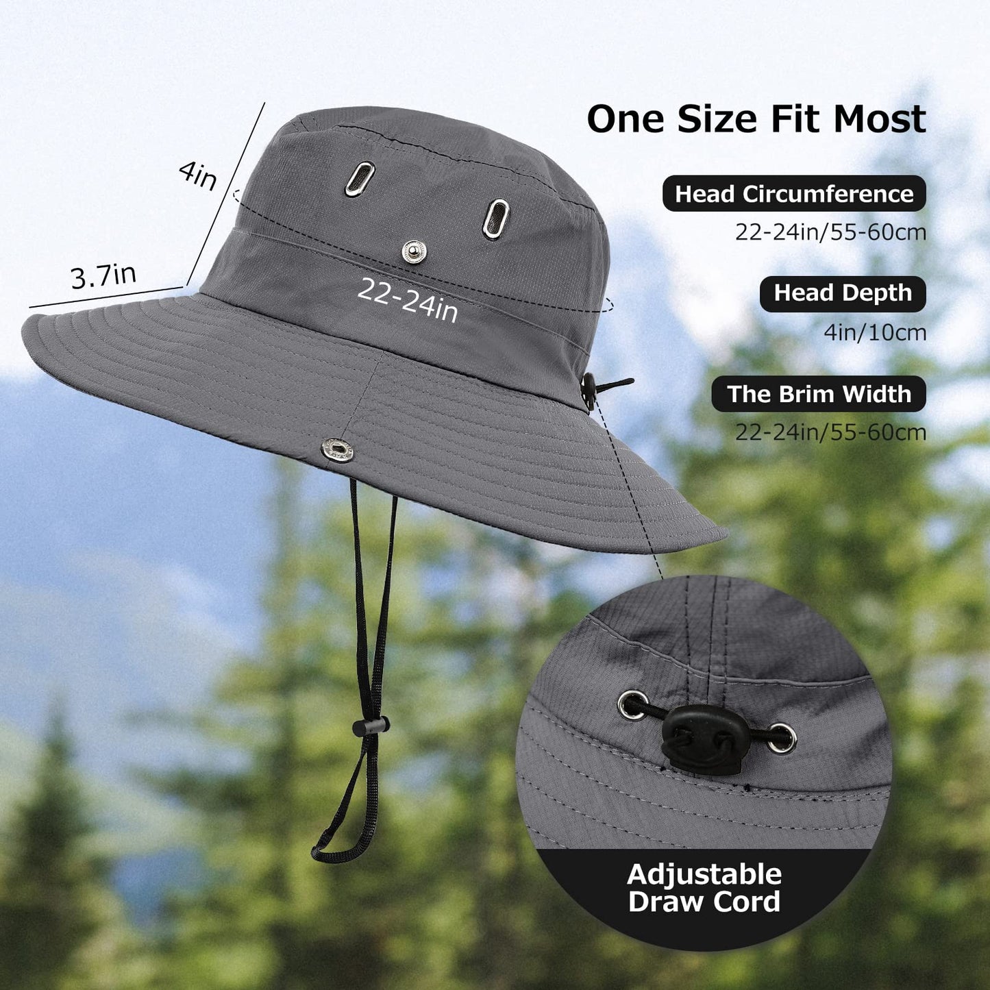 Surblue Boonie Sun Hat Wide Brim Fishing Hat with String UPF 50+ UV Protection Safari Cap Portable Bucket Hat for Men Women, Grey