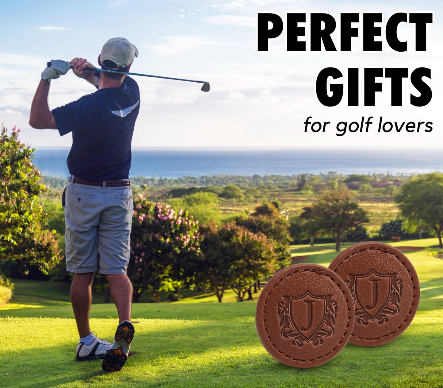 CybGene Golf Ball Markers (Tan, Set of 2) - Golf Gifts for Men - Golf Accessories Leather Golf Markers - J