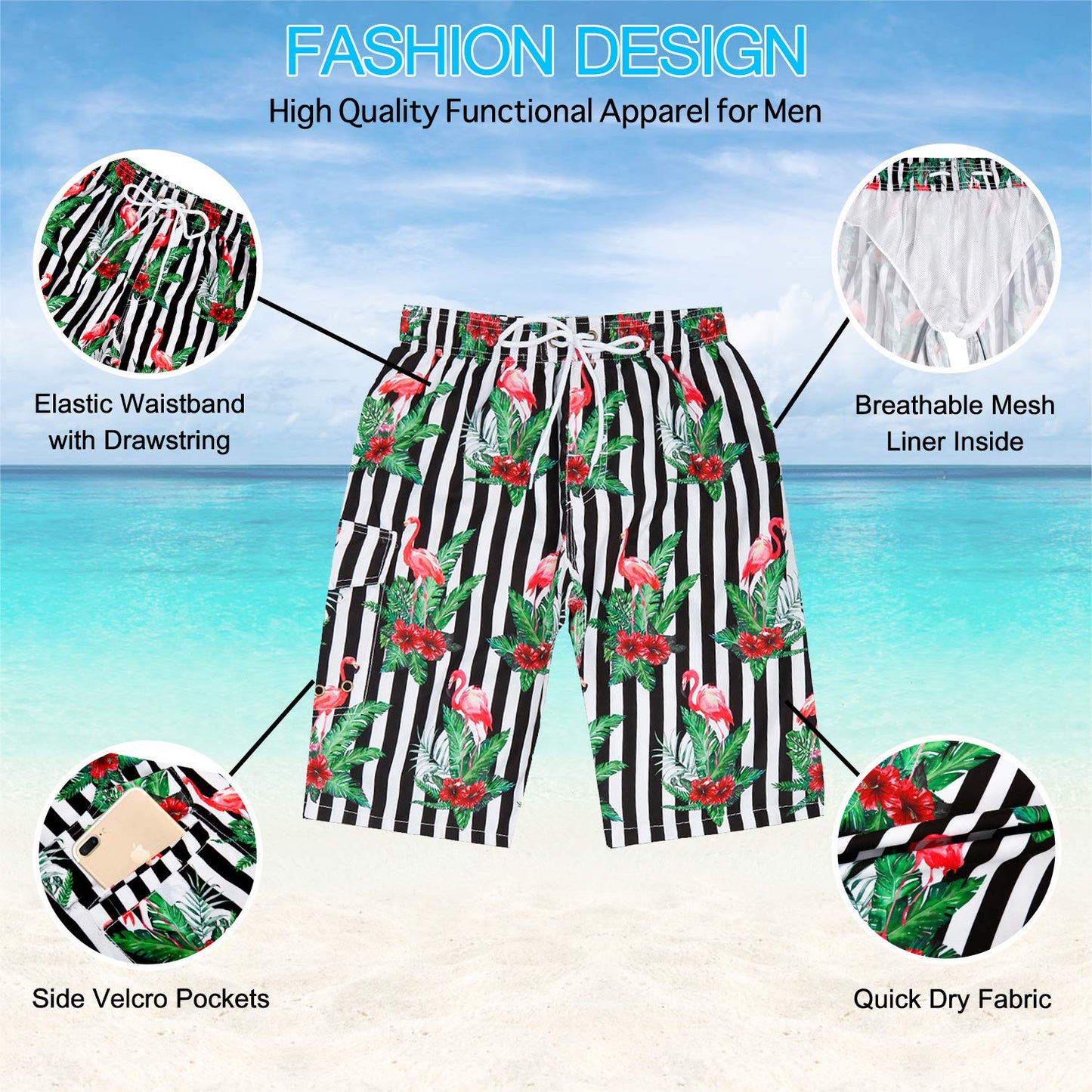 Mens Funny Swim Trunks Quick Dry Novelty Tropical Swim Shorts with Mesh Lining Colorful Swimwear Lightweight Bathing Suits Black White Stripe XL, Tropical Leaf Flamingo