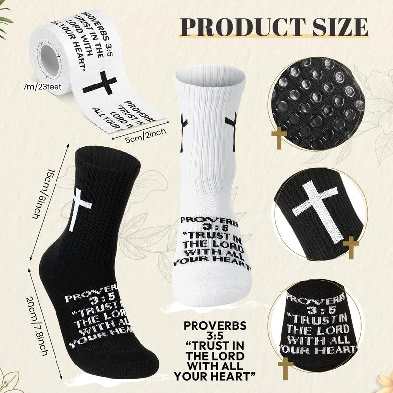 TrelaCo 2 Sets Cross Grip Socks with 2 Pcs Christian Athletic Tape Jesus Soccer Grip Socks Cotton Sports Athletic Tape Serrated Edges for Easter Gifts Football Baseball(Black White,Proverbs 3:5)