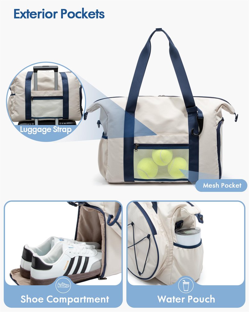 Smasrob Tennis Travel Bag for Women with Exterior Drawstring Racket Pocket and Separate Shoe Compartment, Weekend Bags with Wet Pocket and Laptop Pocket, Beige
