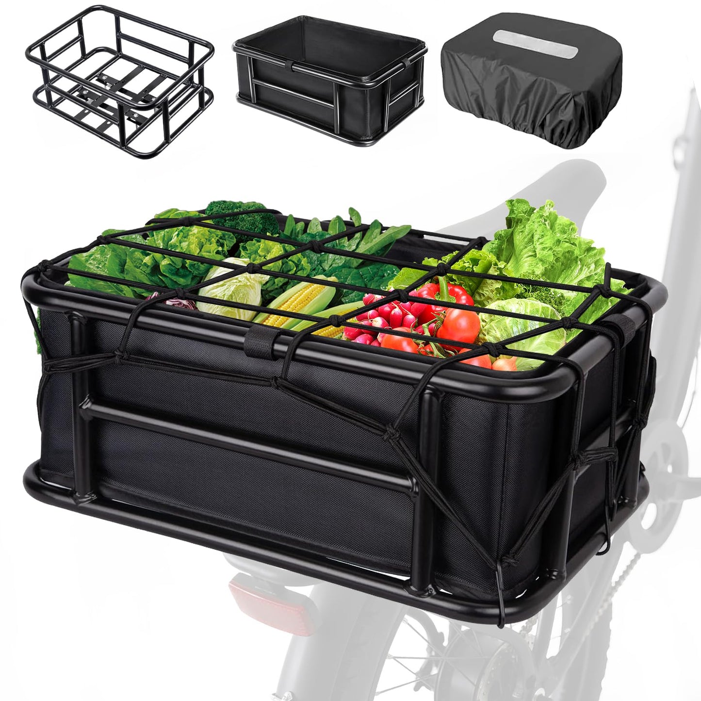 Lambolt Rear Rack Bike Basket for E-Bikes & Bikes - Heavy-Duty Bicycle Basket with Waterproof Liner, Cargo Net & Rain Cover - Great for Groceries, Dogs, Pets & Daily Commutes