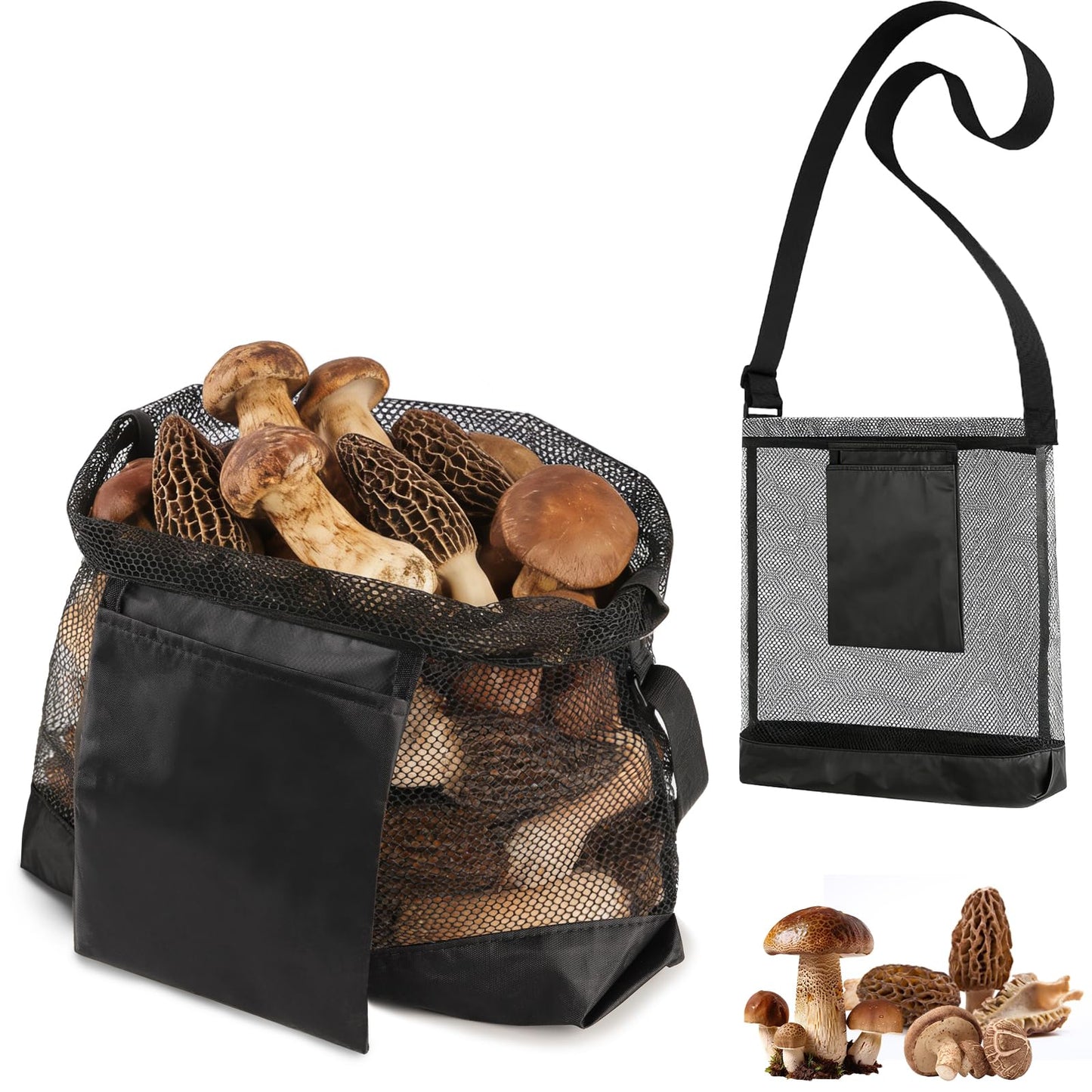 INKNOTE 2 Pcs Mushroom foraging bag with pockets Reusable mushroom hunting pouches Mesh bags Field harvest bags for Outdoor Mushroom Vegetables Fruit Picking,Black