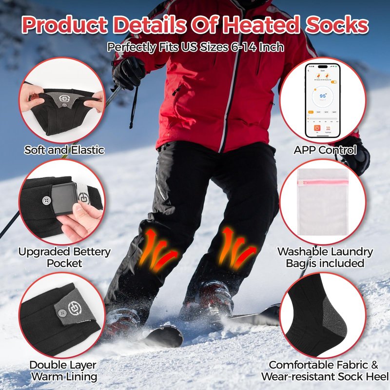 Heated Socks for Men Women, 8000mAh Rechargeable Battery Electric Heating Socks with APP Control Washable Winter Warm Socks for Foot Warmer Outdoor Fishing Hunting Ski Cycling Hiking Camping (X Large)