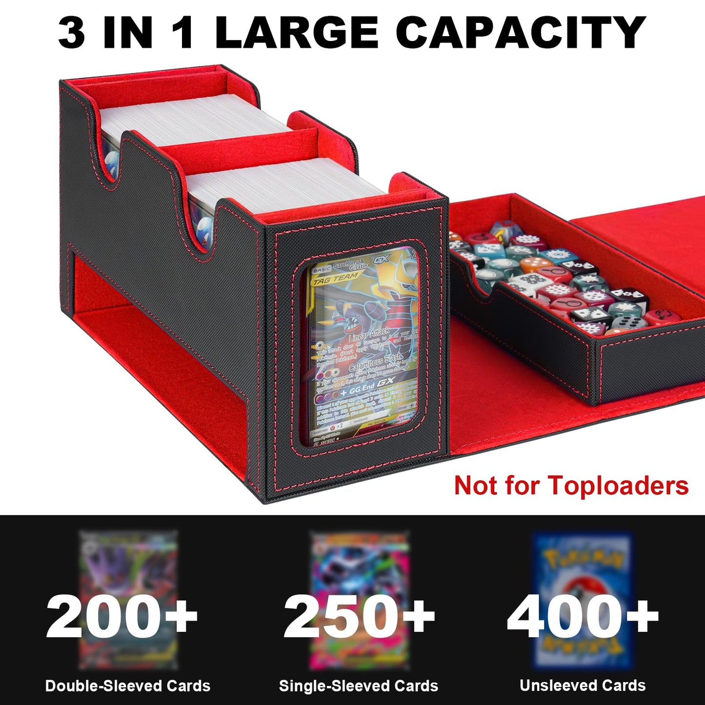 Jaffzora Card Deck Box for MTG Commander, Deck Display Case Holds 200+ Double-Sleeved Cards, 35pt Card Brick & Dice Tray, Storage Box For TCG CCG Sports, Black&Red