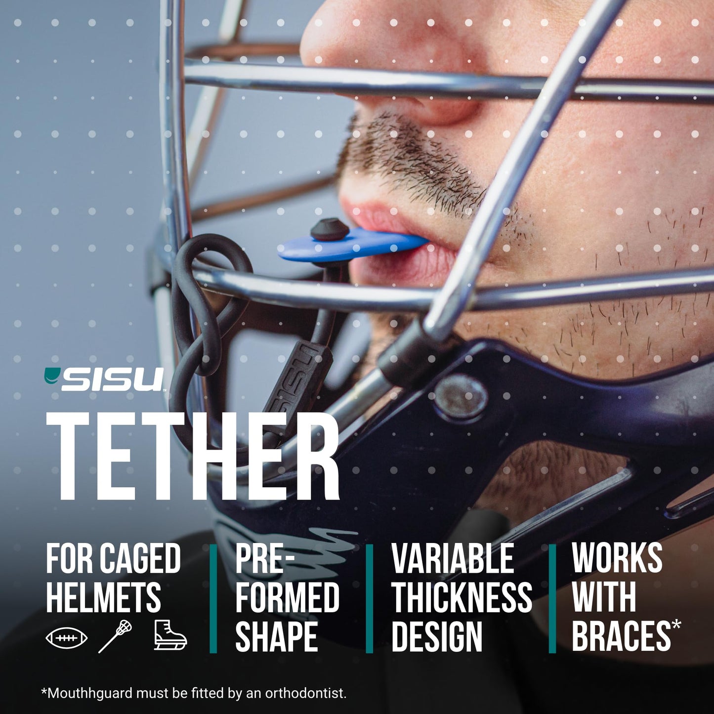 SISU Tether Adult Mouthguard, Intense Red - Pre-Formed Protection with Strap for Football, Hockey, Lacrosse, Caged-Helmet Sports - Remoldable Up to 20 Times - Works for Braces - Non Toxic