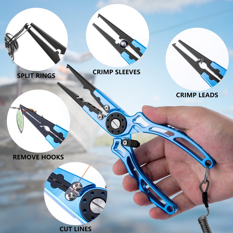 FLISSA 8 Inch Fishing Pliers, Safety Lock Design Fish Pliers Saltwater, Corrosion Resistant Aluminum Hook Remover with Braid Cutters, Sheath and Lanyard, Fishing Tool Gifts for Men