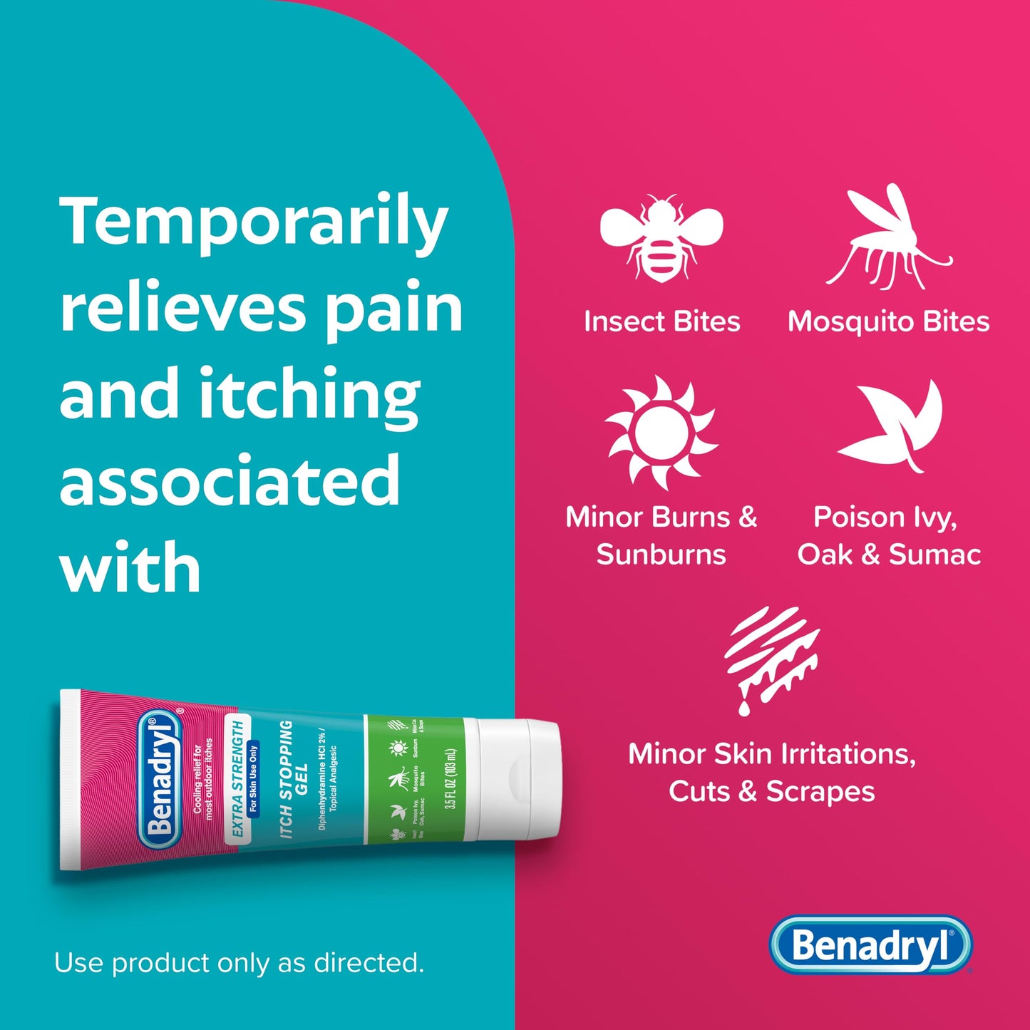 Benadryl Topical Itch Relief Gel, Extra Strength, Contains 2% Diphenhydramine HCl, Soothing Relief from Scrapes, Insect Bites, Sunburn and More, Great for Outdoors, 3.5 fl oz