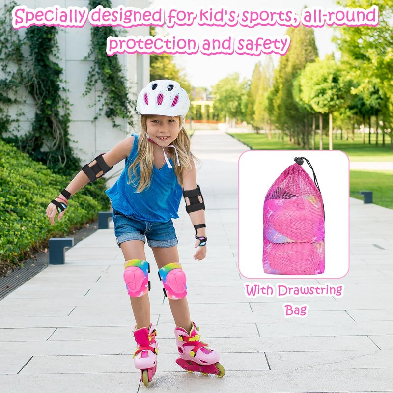 Knee Pads for Kids Adjustable Protective Gear Set with Mesh Bag Knee Pads and Elbow Pads Wrist Guard for Girls Kids Roller Skates Cycling Skateboard Scooter, 3-8 Years