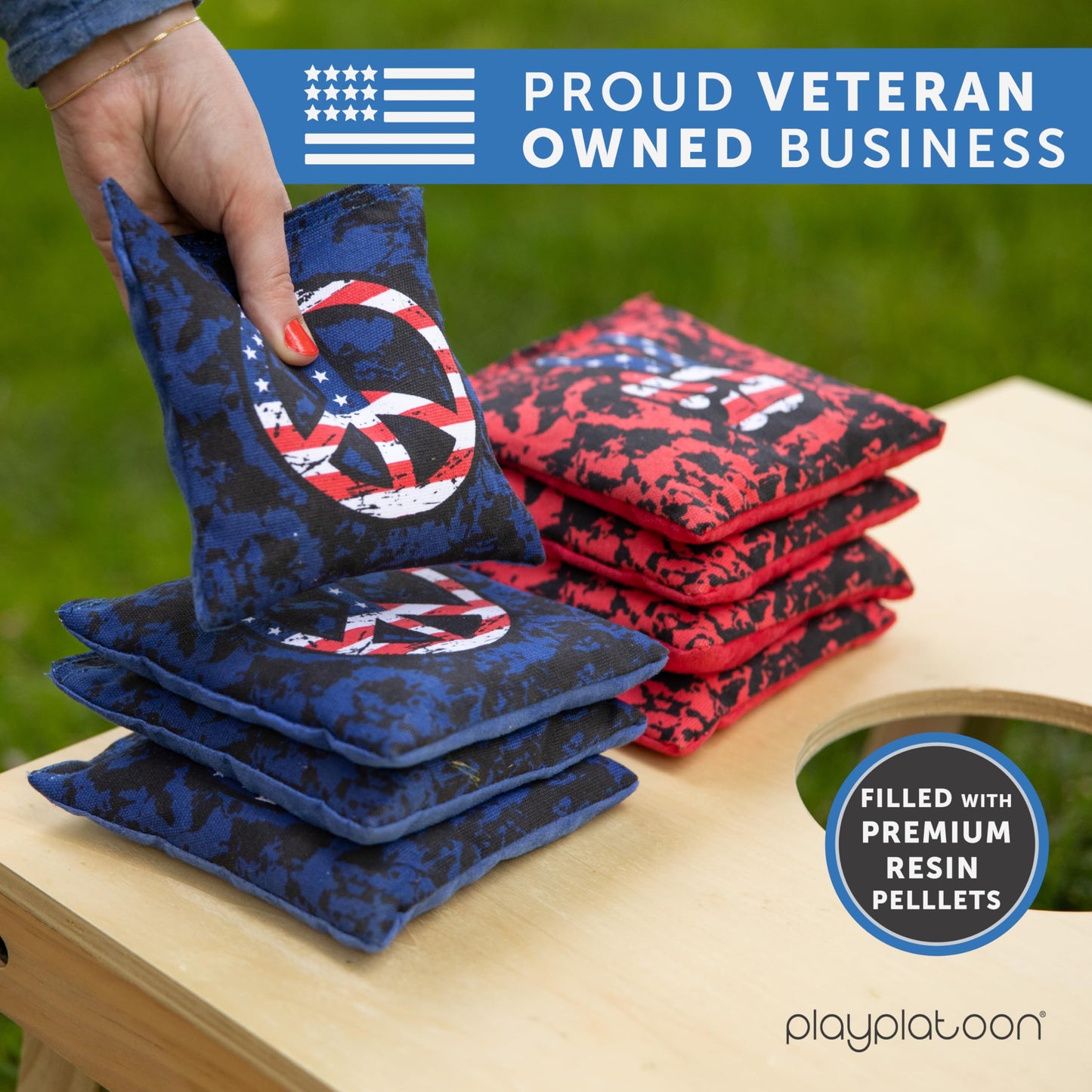 Play Platoon Professional Cornhole Bags - Set of 8 Regulation All Weather Double Sided - Sticky Side/Slick Side Bean Bags for Pro Corn Hole Game, Slick Duck Canvas & Sticky Suede - Peace