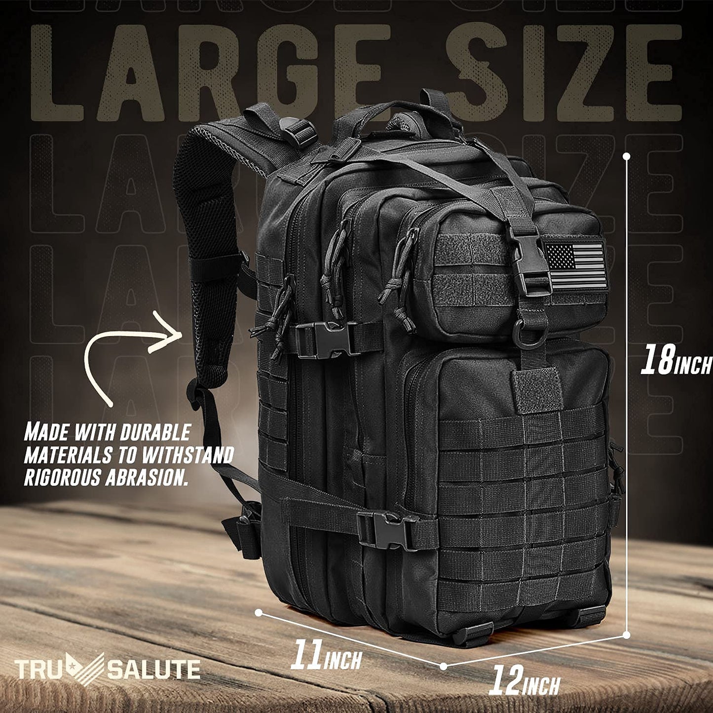 Tru Salute 45L Military Black Tactical Backpack Large Army 3 Day Assault Pack Molle Bugout Bag Rucksack Backpack Military Black