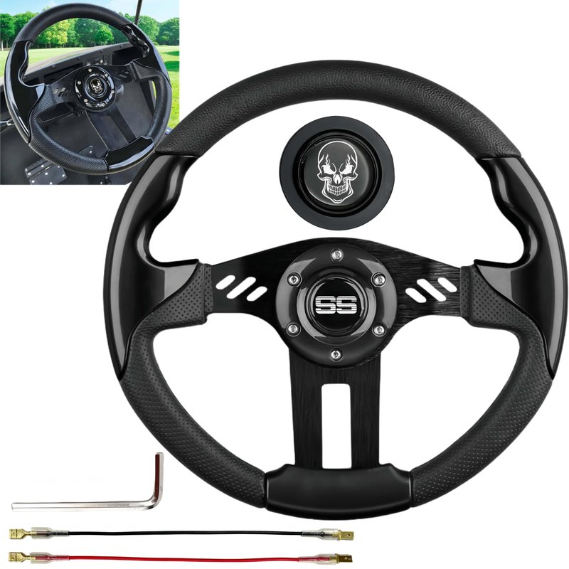 WUKO HUNT Luxury Style Golf Cart Steering Wheel - With Horn Button, with Premium Grip Leather and Ergonomic Design, Fit EZGO TXT/RXV/Club Car DS/Precedent/Yamaha Most Golf Carts (Black-Skull/SS)