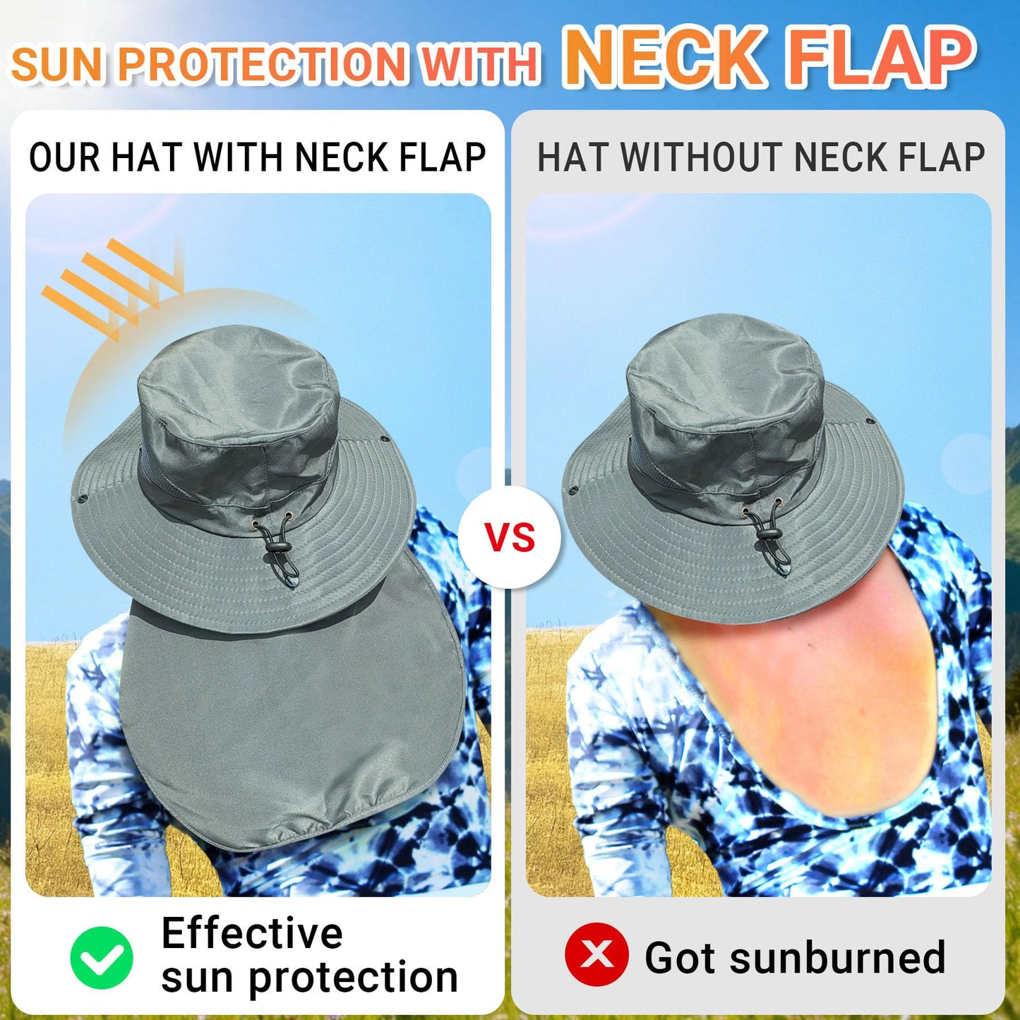 NPQQUAN Sun Hats for Men Women with Neck Flap UPF 50+ UV Protection Wide Brim Bucket Hat Safari Hiking Fishing Hats Darkgray（Neck Flap）