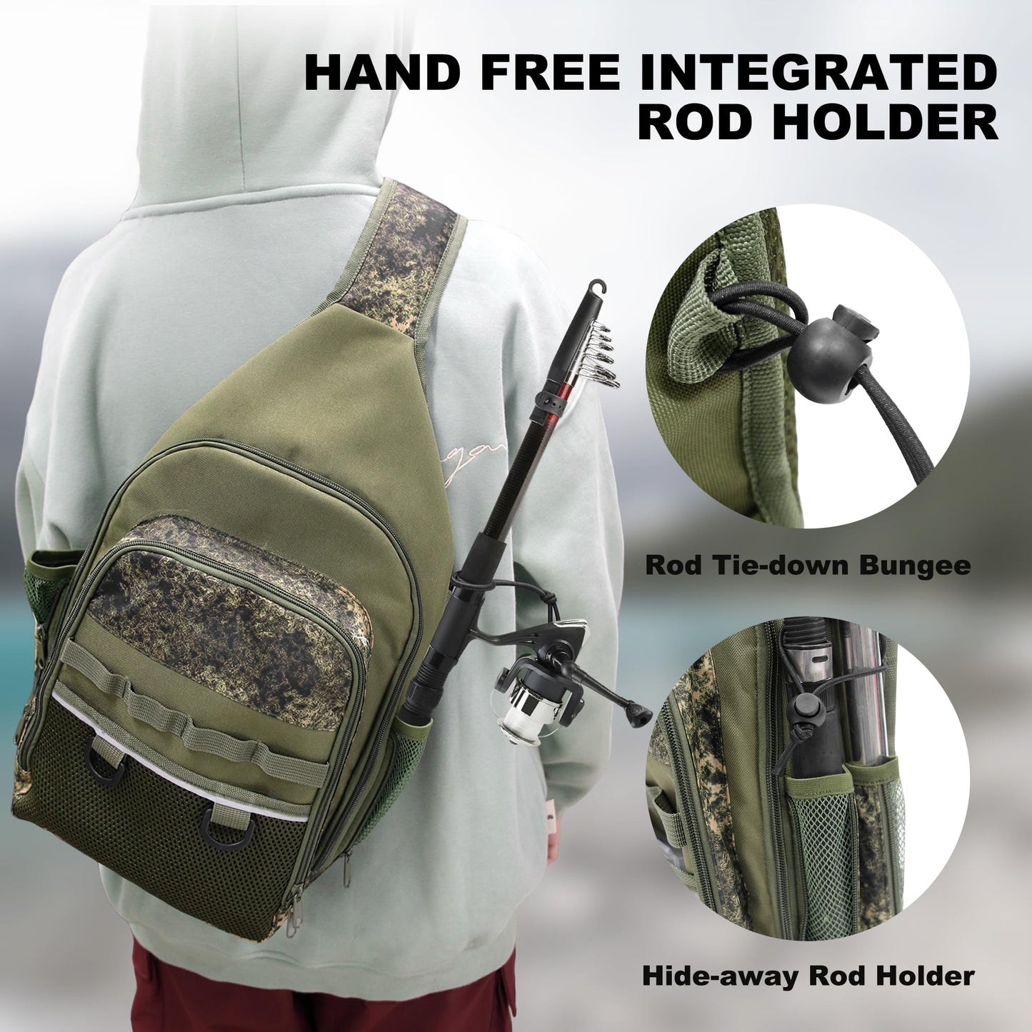 MYDAYS Fishing Sling Tackle Storage Bag, Lightweight Outdoor Sling Tackle Backpack for Fishing Gear and Equipment (Khaki)