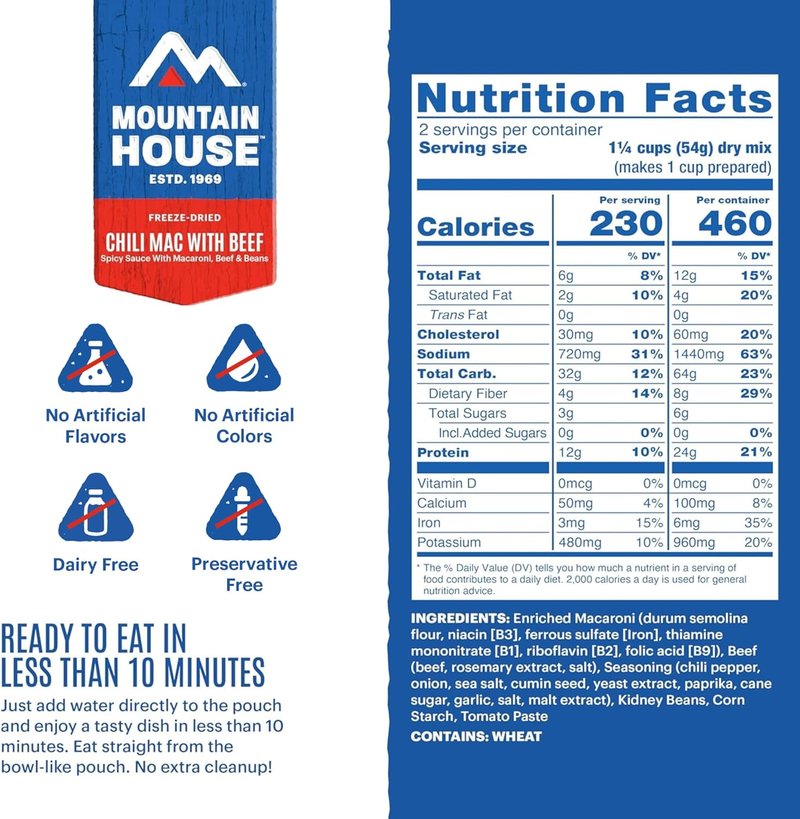 Mountain House Chili Mac with Beef - Freeze-Dried Camping Meal | 4 Servings, 30-Year Shelf Life, 2-Pack