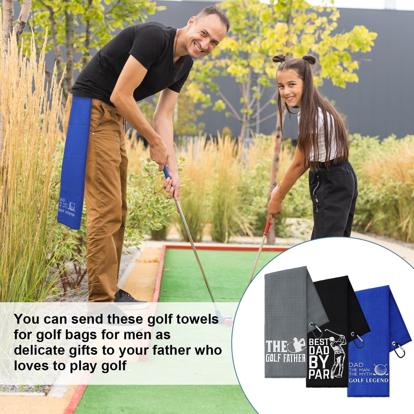 Moukeren 3 Pcs Fathers Day Dad Gifts for Men Funny Men Golf Towels Microfiber Embroidered Ball Towel with Clip for Man Golf Bags for Father's Day Birthday Husband Golfball Fan Gifts