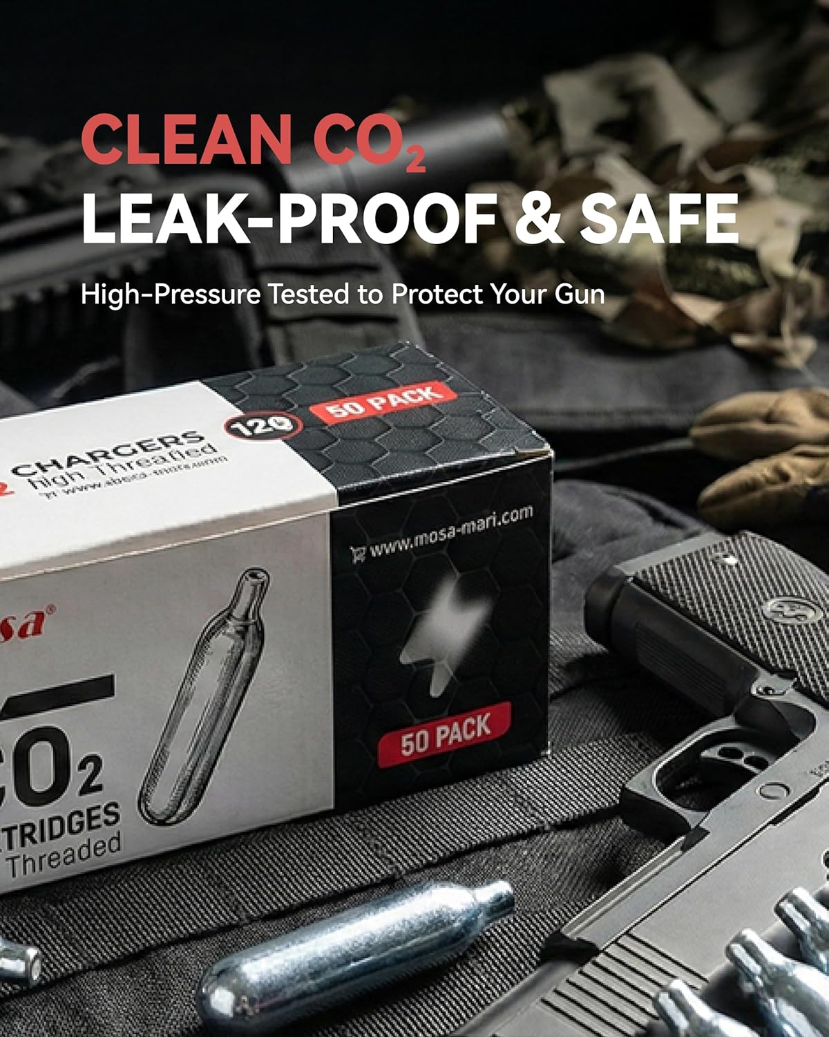 Mosa 12g CO2 Cartridges - 50-Pack Non-Threaded Leakproof Steel Capsules | Pure Carbon Dioxide for BB Guns & Airsoft Pistols