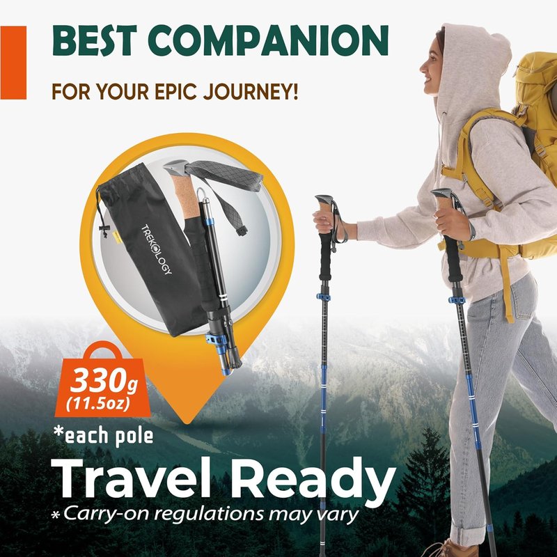 Trekology Trek-Z Cork Grip Trekking Poles - Lightweight Adjustable Hiking Sticks | Compact Travel Design, Aluminum