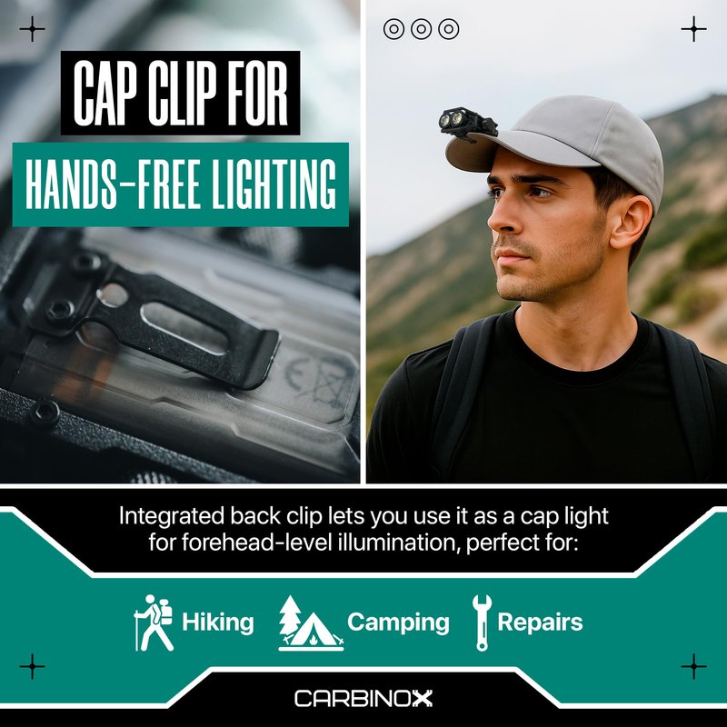 CARBINOX Flashlight Mini, 300 Lumens Rechargeable LED+COB Light, Dual Independent Switches, 7 Modes w/Red-Blue Warning, USB-C Fast Charging, Cap-Clip Hands-Free Use