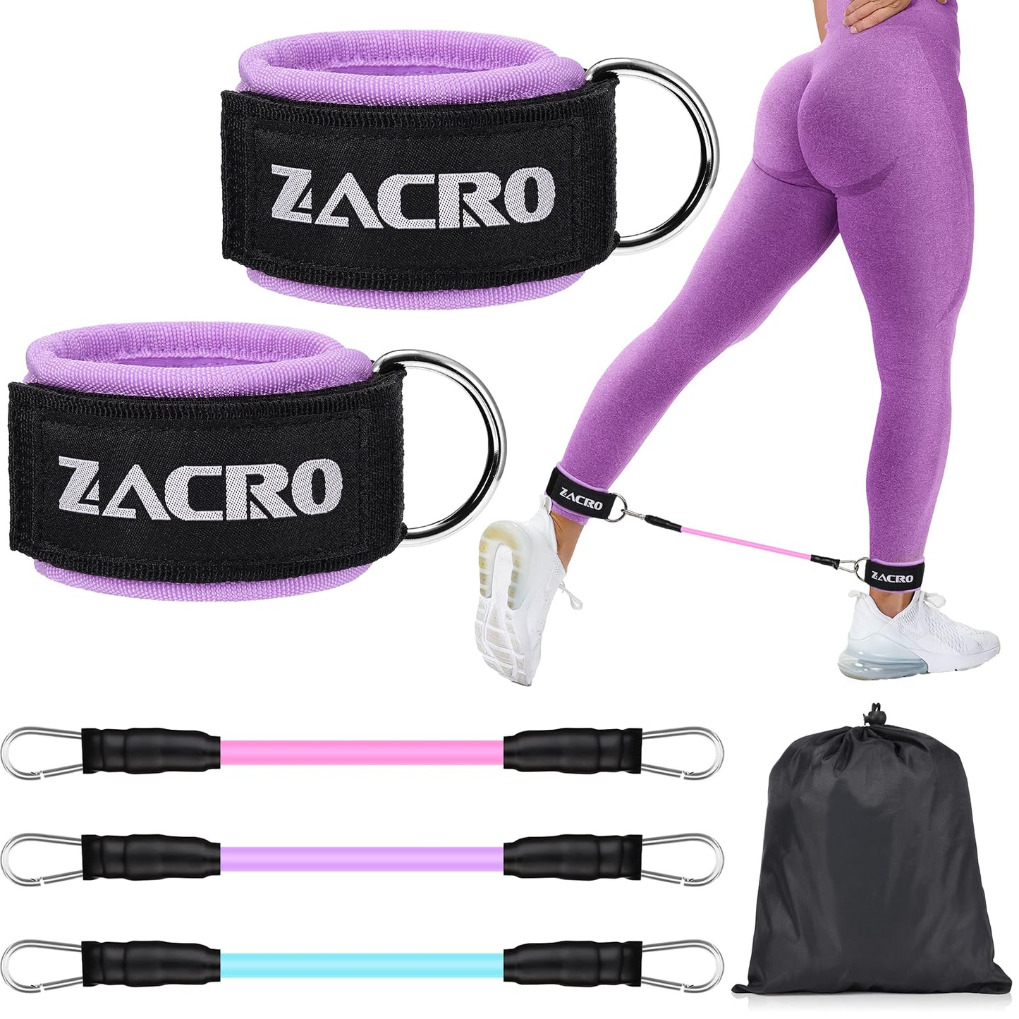 Zacro Ankle Resistance Bands with Cuffs, Ankle Bands for Working out, Ankle Bands for Home Workouts & Gym Glutes Workout Equipment Legs Resistance Bands for Women, Butt Exercise for Kickbacks (Purple)