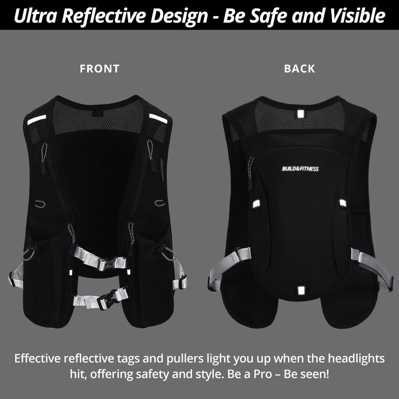 Running Hydration Vest for Women and Men 8 Pocket, Black Vest with 1.5L Bladder + 2X 500ml Soft Flasks Quick Dry, Water-Resistant, Breathable, Adjustable Backpack for Runs, Hiking, Cycling, Marathons