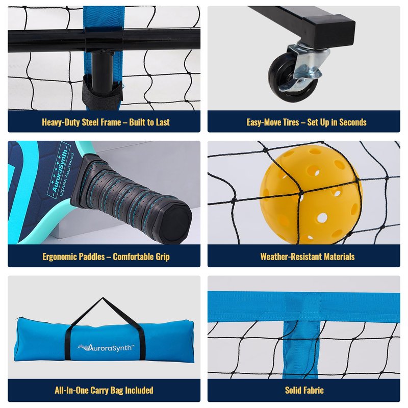 AuroraSynth Portable Pickleball Net Set with Wheels, 22 x 3ft Regulation Size Pickle Ball Net with Ball Collector, 4 Pickle Balls, 4 Pickleball Paddles, Carry Bag for Backyards, Driveway, Garage
