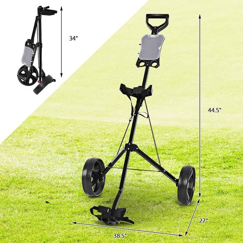 GYMAX Golf Cart, 2 Wheel Golf Push Cart with 9.5” Wear-Resistant Rubber Wheels, Elastic Strap & Scoreboard, Folding Lightweight Portable Golf Caddy Cart for Teens Adults