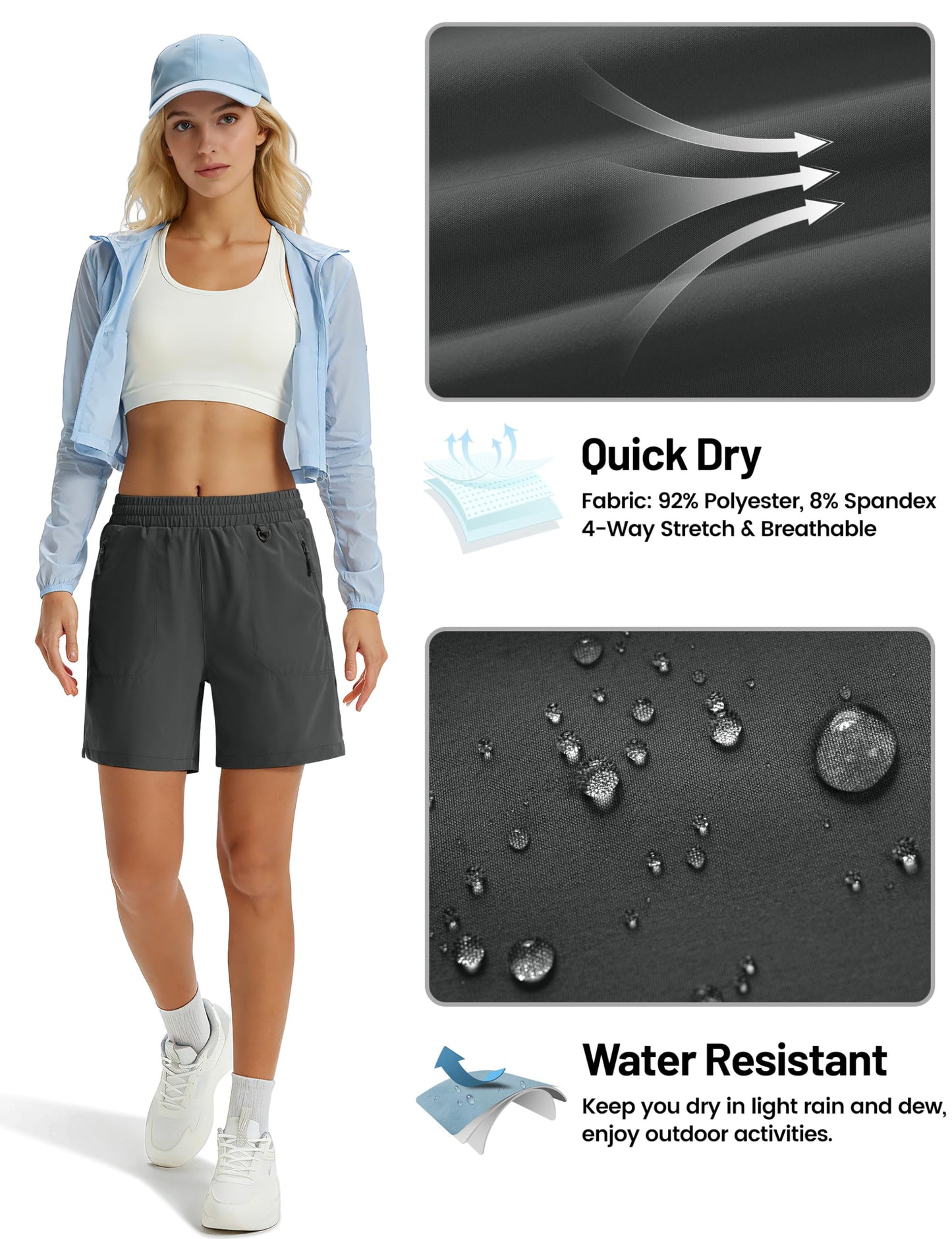 TACVASEN Women's Lightweight Hiking Shorts Quick Dry Water Resistant UPF 50+ Athletic Shorts with Pockets Drawstring Workout Casual Dark Grey L