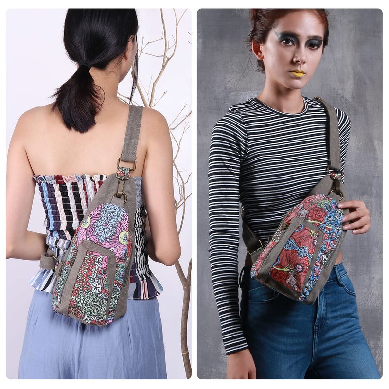Black Butterfly Bohemian Floral Canvas Sling Bag for Women Men, Lightweight Crossbody Chest Bag for Travel Hiking, Adjustable Shoulder Strap Daypack with Multiple Pockets (Grey)