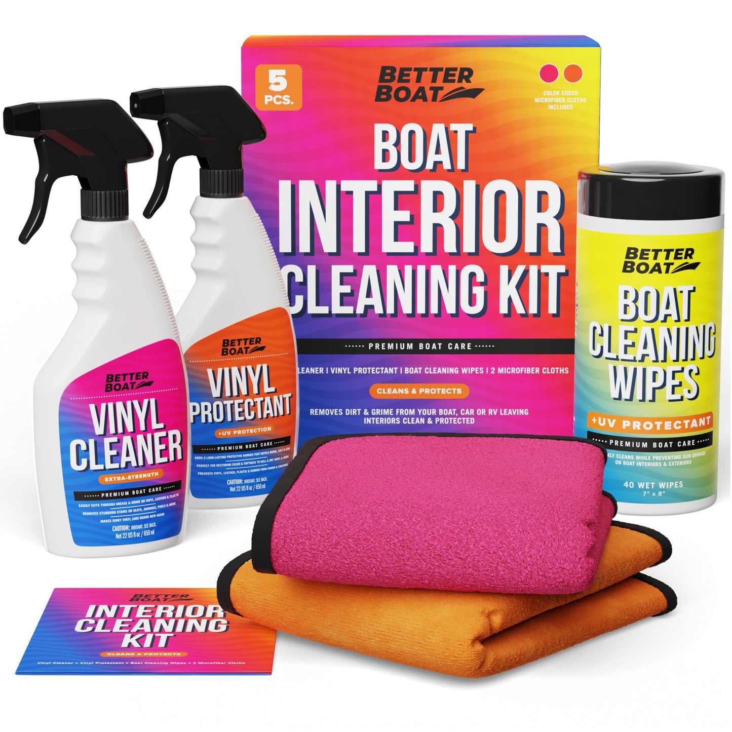 Boat Interior Cleaning Kit, Marine Vinyl Protectant and Cleaner, Wipes, Microfiber Cloths, for Boat Seats, Pontoon Accessories, Jet Ski, Car, and RV Care Supplies