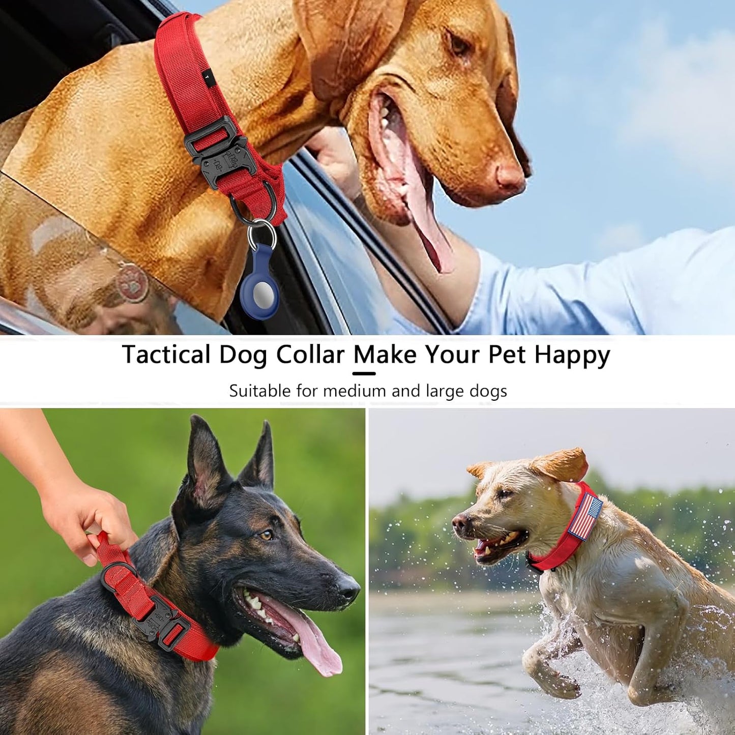 Tactical Dog Collar - Adjustable Military Nylon with Control Handle & Heavy Metal Buckle | Red, XL for Medium & Large Dogs