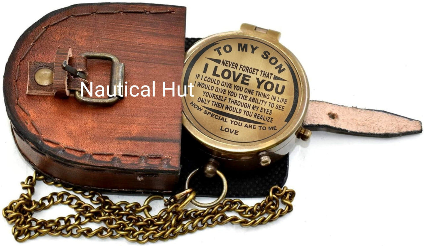 to My Son Brass Engraved Compass – Vintage Pocket Compass with Leather Case, Solid Antique Brass Navigation Compass, Personalized Engraved Gift from Mom to Son for Graduation, Birthday, Christmas