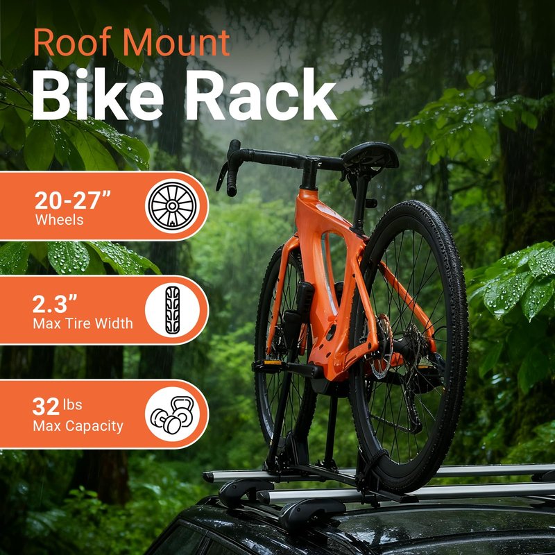 Rider Pro Roof Bike Rack, Foldable Aluminum Upright Bicycle Rack with Anti-Theft Lock for Cars SUVs, Adjustable Roof Mount Bike Carrier 32 lbs Capacity Fits 20''-27'' Bikes Max Tire Width 2.3"