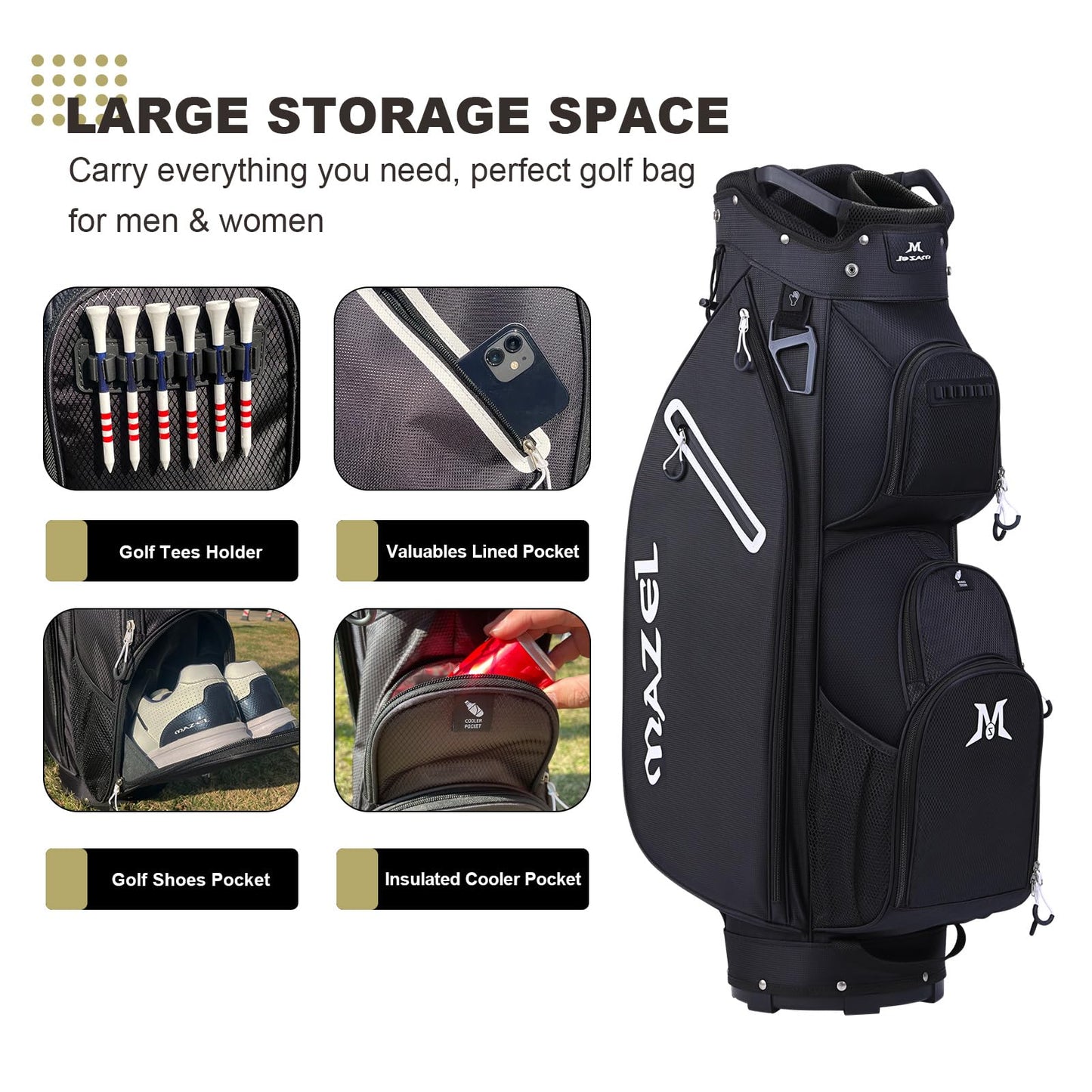 MAZEL Golf Cart Bag with 7-Way Full Length Dividers Top and 9 Pockets,Lightweight Golf Club Bag for Men & Women (Black)