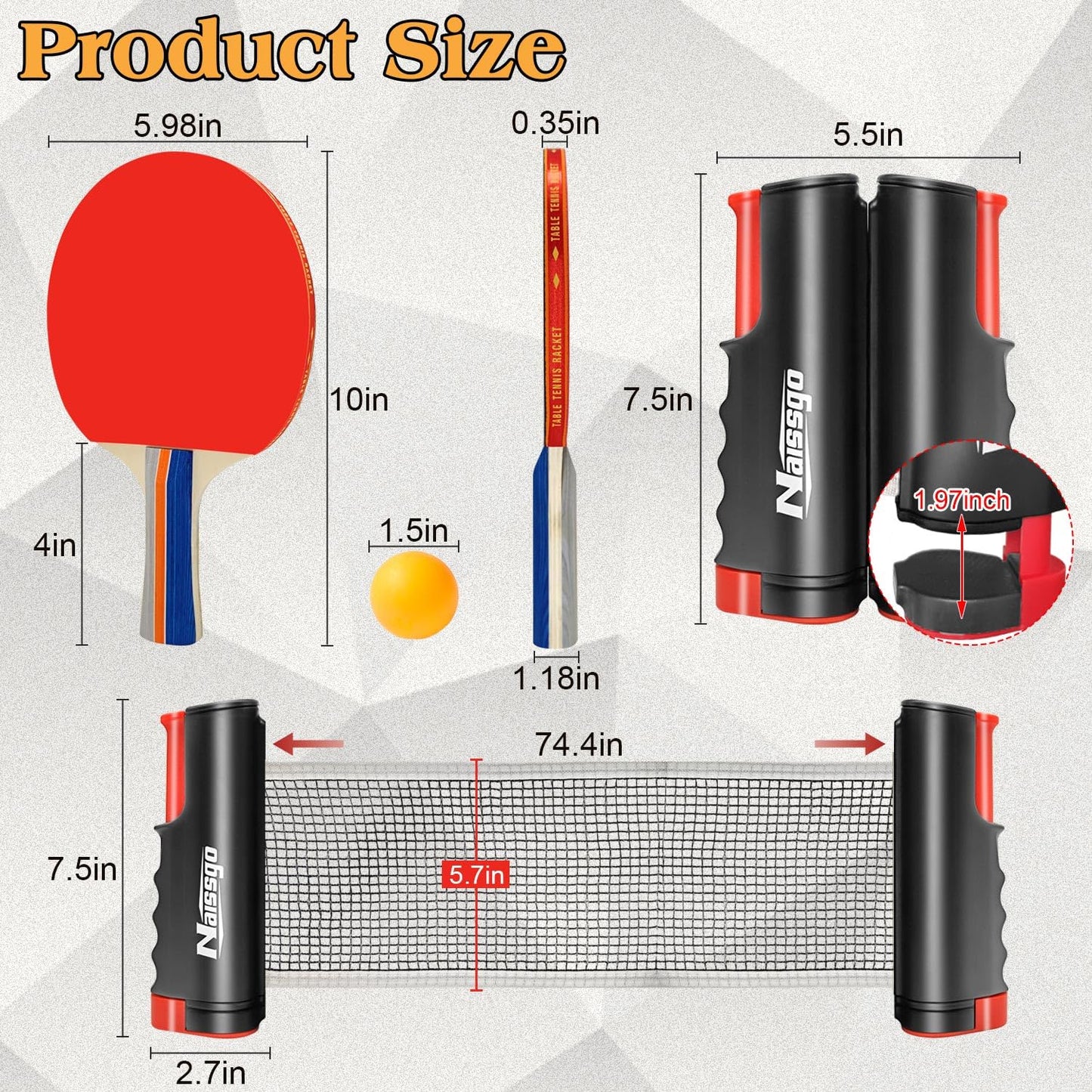 Naissgo Table Tennis Set with Retractable Net, Portable Ping Pong Paddle Set with 2 Rackets, 8 Balls and Mesh Bag, Easy Setup Table Tennis Kit for Indoor Outdoor, Beginners, Home and Office