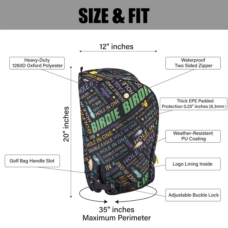 SANDIAN, Birdie Black, Golf Bag Rain Hood Cover, Waterproof 1260D Oxford Polyester, 12x20 Inches, Padded Protection, PU Coated, Two Sided Zipper, Adjustable Buckle Lock Fasteners, Snap Button Locking