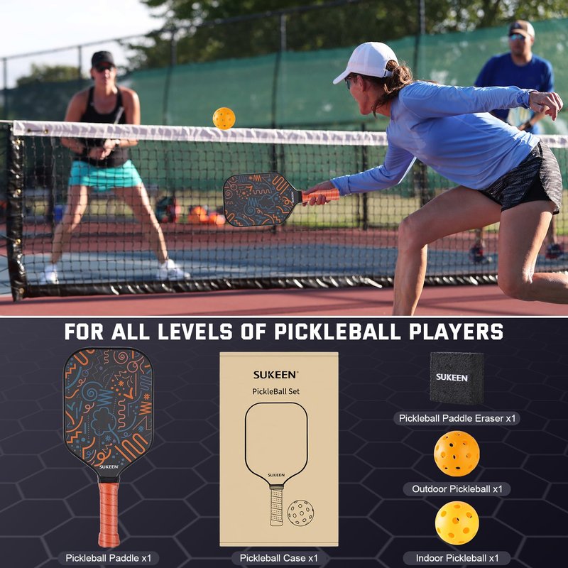 Sukeen T700 Carbon Fiber Pickleball Paddle, 16mm Pickleball Paddles with Great Grit & Spin, Pickleball Paddles Carbon Fiber Surface, 5.5" Elongated Handle, Large Sweet Spot, 2 Pickleball Balls